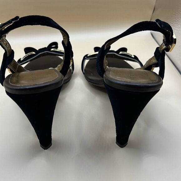 Marc by Marc Jacobs Women's 40 Navy Velvet Bow Strap Heel Sandals Gold Hardwear - Picture 7 of 10